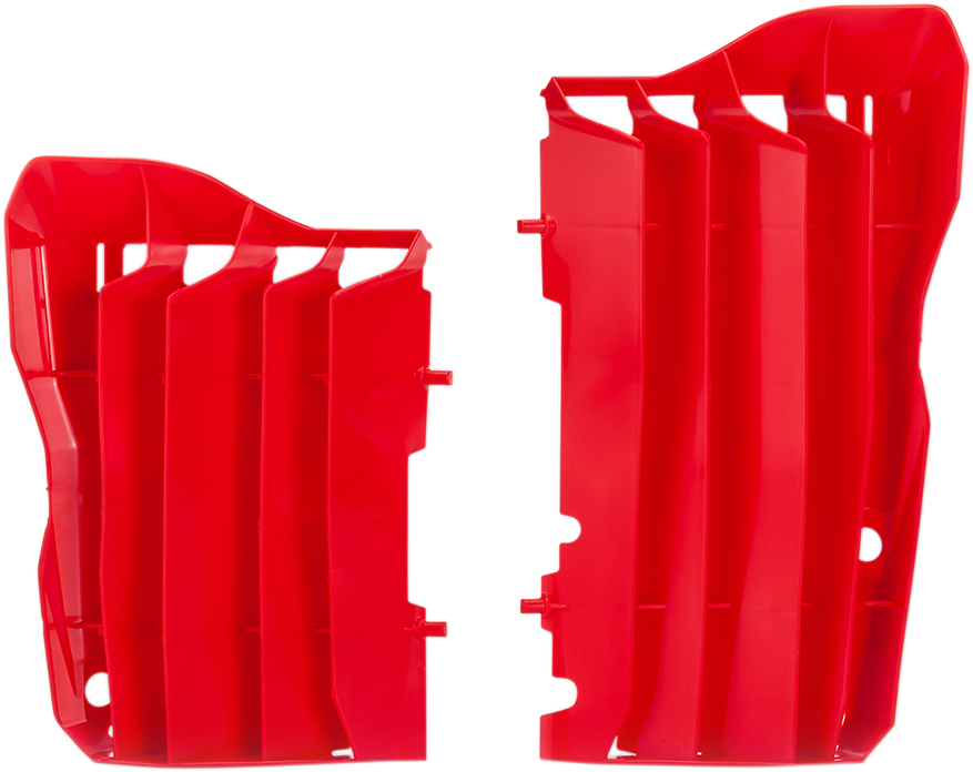 Red ACERBIS radiator louvers for Honda motorcycles, designed for body customization and improved airflow.
