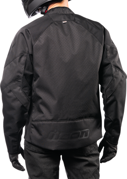 Black ICON Hooligan CE Jacket in XL by Bill's Exhausts, showing the jacket's front with protective armor details.
