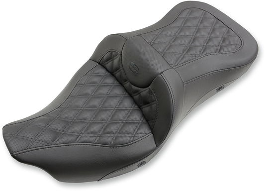 Bill's Exhausts SADDLEMEN Extended Reach Road Sofa Seat with lattice stitching and heating for 2008-2023 Harley FL models.