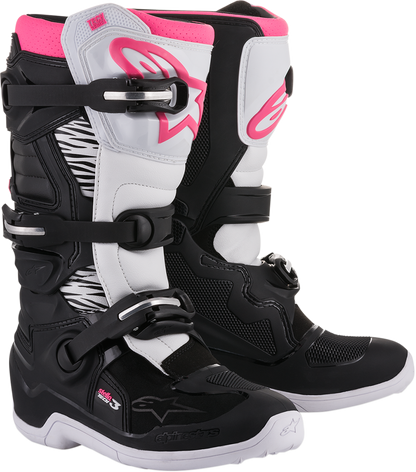 Alpinestars Stella Tech 3 motorcycle boots in black, white, and pink with US size 6, featuring protective design and sporty style.