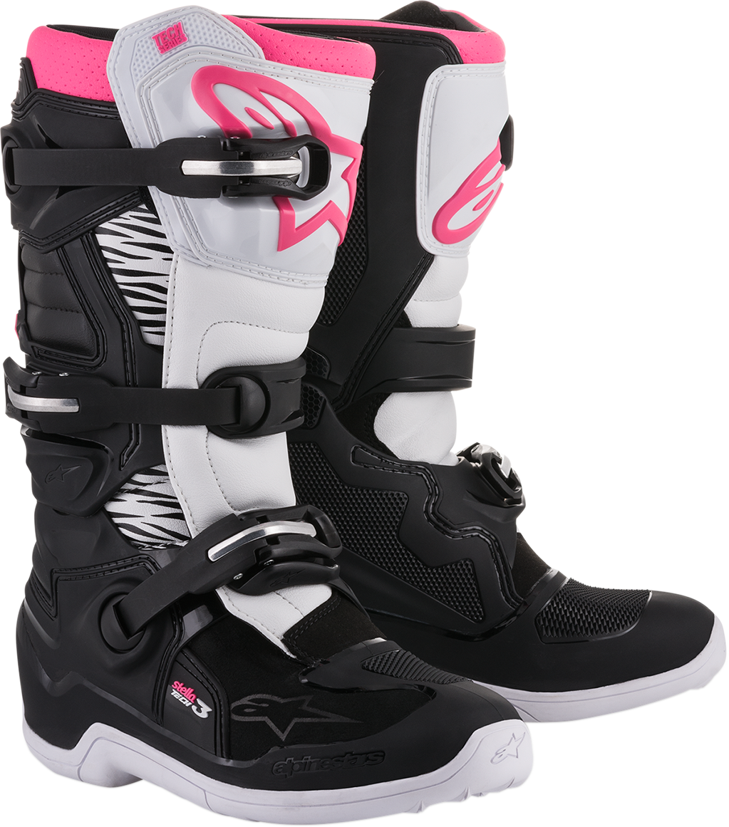 Alpinestars Stella Tech 3 motorcycle boots in black, white, and pink, US size 8, showcasing the protective design and branding.