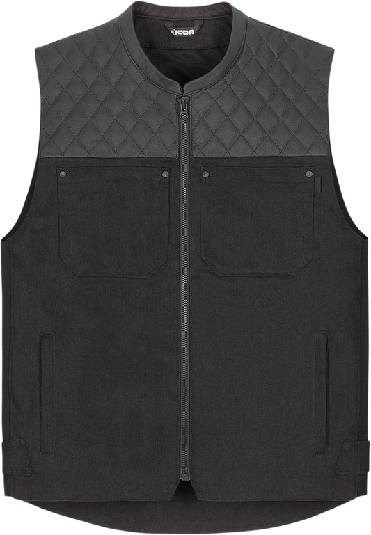 Black ICON Chamonix denim vest in large size, featuring classic denim fabric and stylish design from Bill's Exhausts.