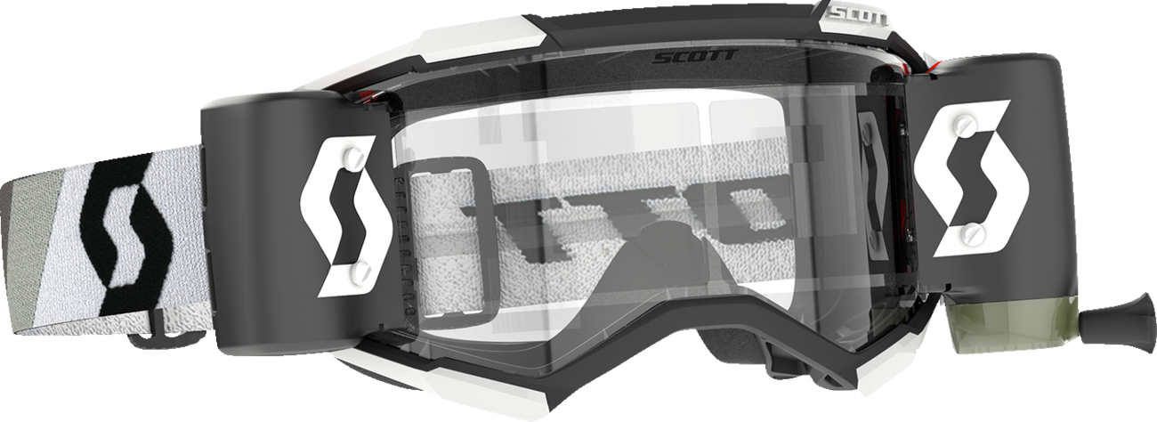 Scott Fury WFS Goggle in Premium Black and White with clear lens, designed for motocross and off-road riding.