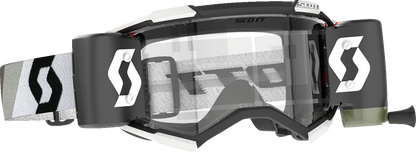Scott Fury WFS Goggle in Premium Black and White with clear lens, designed for motocross and off-road riding.