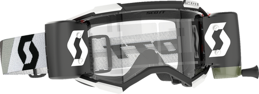 Scott Fury WFS Goggle in Premium Black and White with clear lens, designed for motocross and off-road riding.