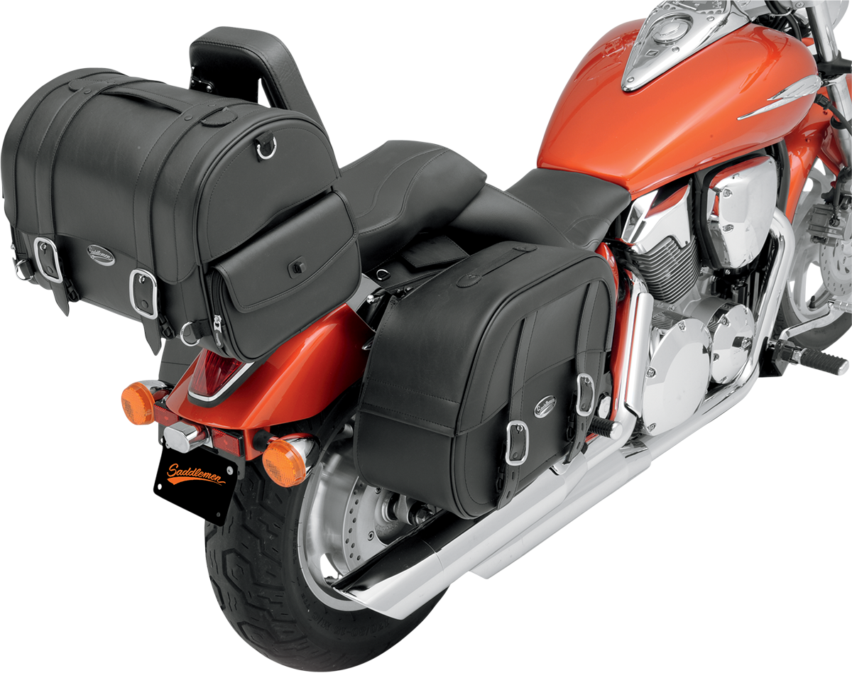 Saddlemen Cruis'n Express motorcycle tail bag on a seat, featuring durable material and universal fit for cruisers and touring bikes.