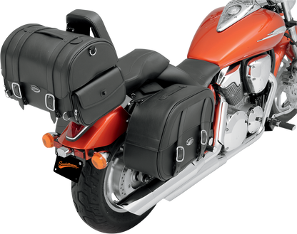 Saddlemen Cruis'n Express motorcycle tail bag on a seat, featuring durable material and universal fit for cruisers and touring bikes.