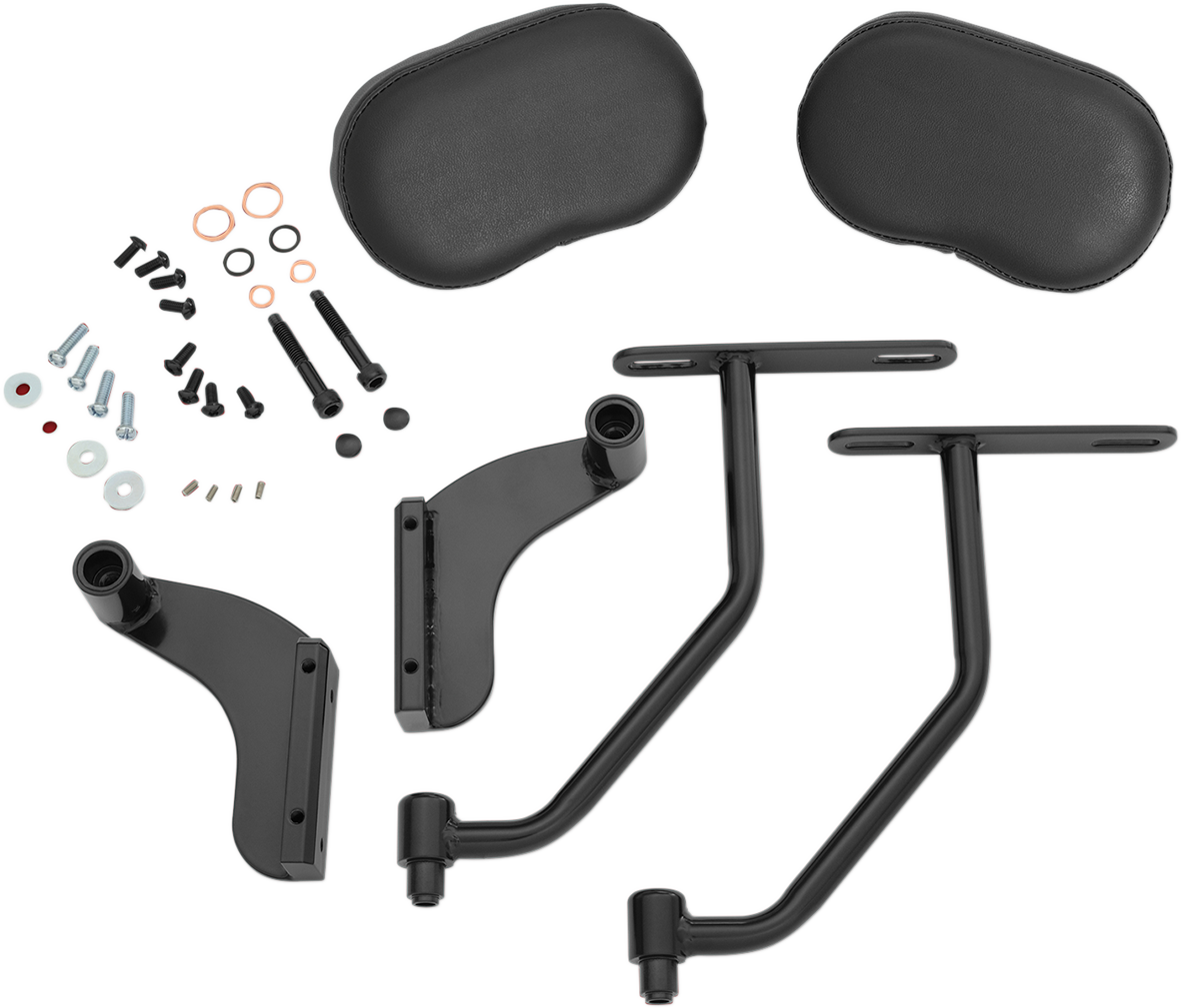 Black SHOW CHROME Deluxe passenger armrest for GL1800 motorcycle, designed by Bill's Exhausts, shown on the vehicle.