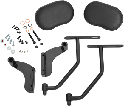 Black SHOW CHROME Deluxe passenger armrest for GL1800 motorcycle, designed by Bill's Exhausts, shown on the vehicle.