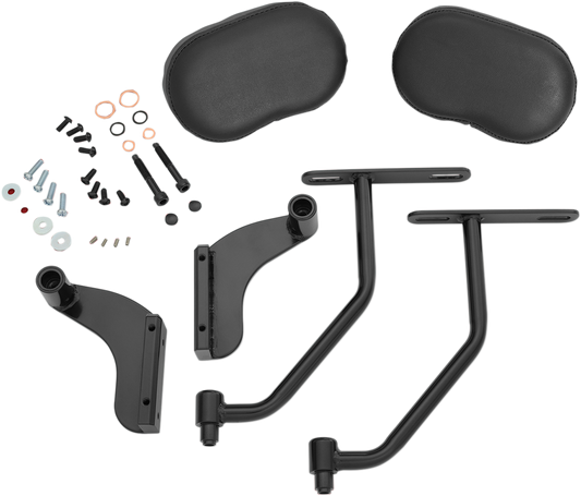 Black SHOW CHROME Deluxe passenger armrest for GL1800 motorcycle, designed by Bill's Exhausts, shown on the vehicle.