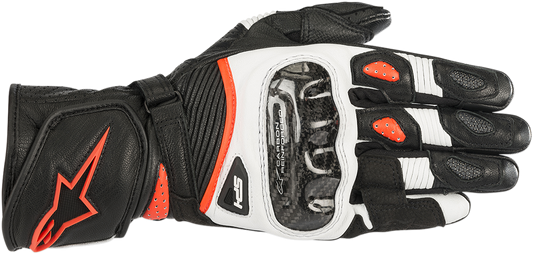 Alpinestars Women Stella SP-1 V2 motorcycle gloves in black, white, and fluo red with small size, featuring protective knuckles.
