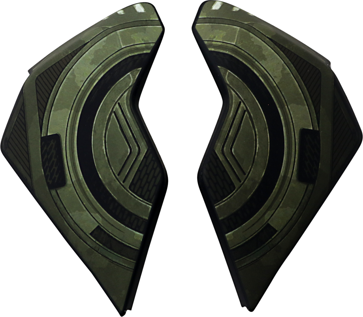 Black chain side plates for ICON Airflite helmet, green accents, helmet parts from Bill's Exhausts, in a close-up view.