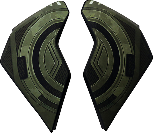 Black chain side plates for ICON Airflite helmet, green accents, helmet parts from Bill's Exhausts, in a close-up view.