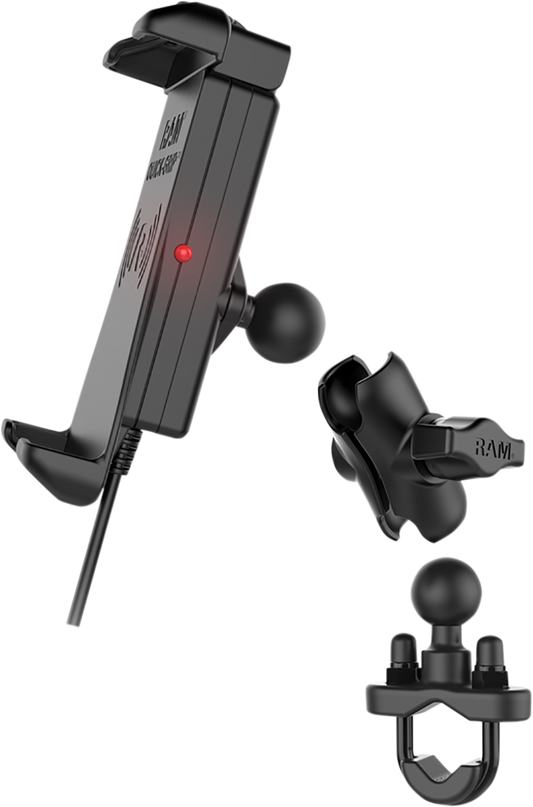 Wireless waterproof RAM MOUNTS device holder with quick-grip and hardwire charger, designed for engine mounting by Bill's Exhausts.