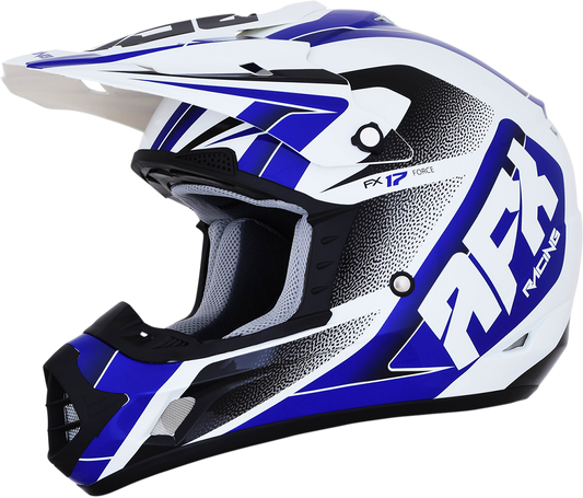 Pearl white and blue AFX FX-17 Force helmet in small size, featuring a sleek design and clear visor for motorcycle riding.