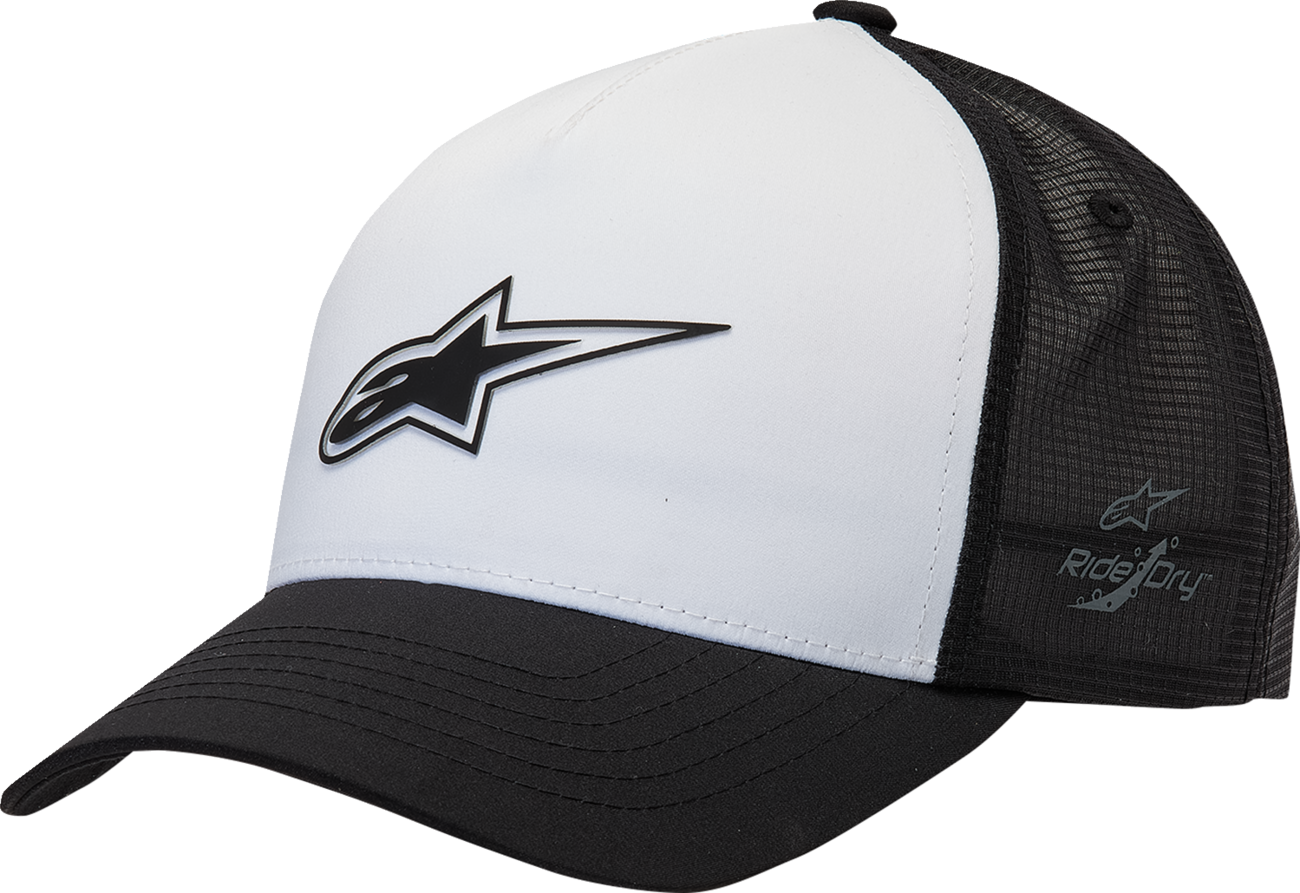 White and black Alpinstars Advantage Tech Trucker Hat featuring embroidered logo and mesh back, one size fits most.