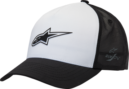 White and black Alpinstars Delivery Trucker Hat featuring a classic style and adjustable one-size fit.