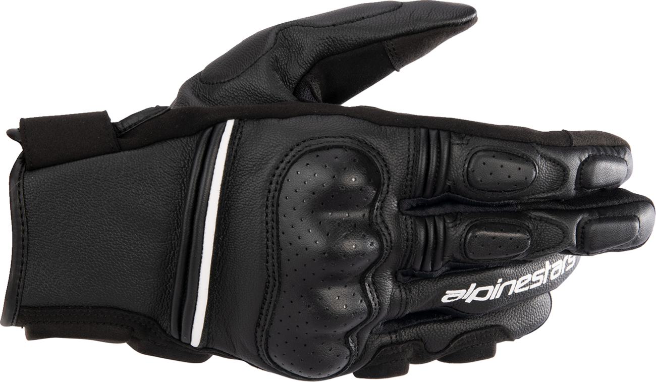 Black and white ALPINESTARS Phenom motorcycle gloves in 2XL size, featuring protective padding and a secure wrist closure.