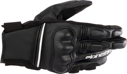 Black and white ALPINESTARS Phenom motorcycle gloves in 2XL size, featuring protective padding and a secure wrist closure.