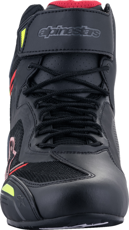 Alpinestars Faster-3 Rideknit® Shoes in black, red, and yellow with US 11.5 size, showcasing the sporty, breathable design.