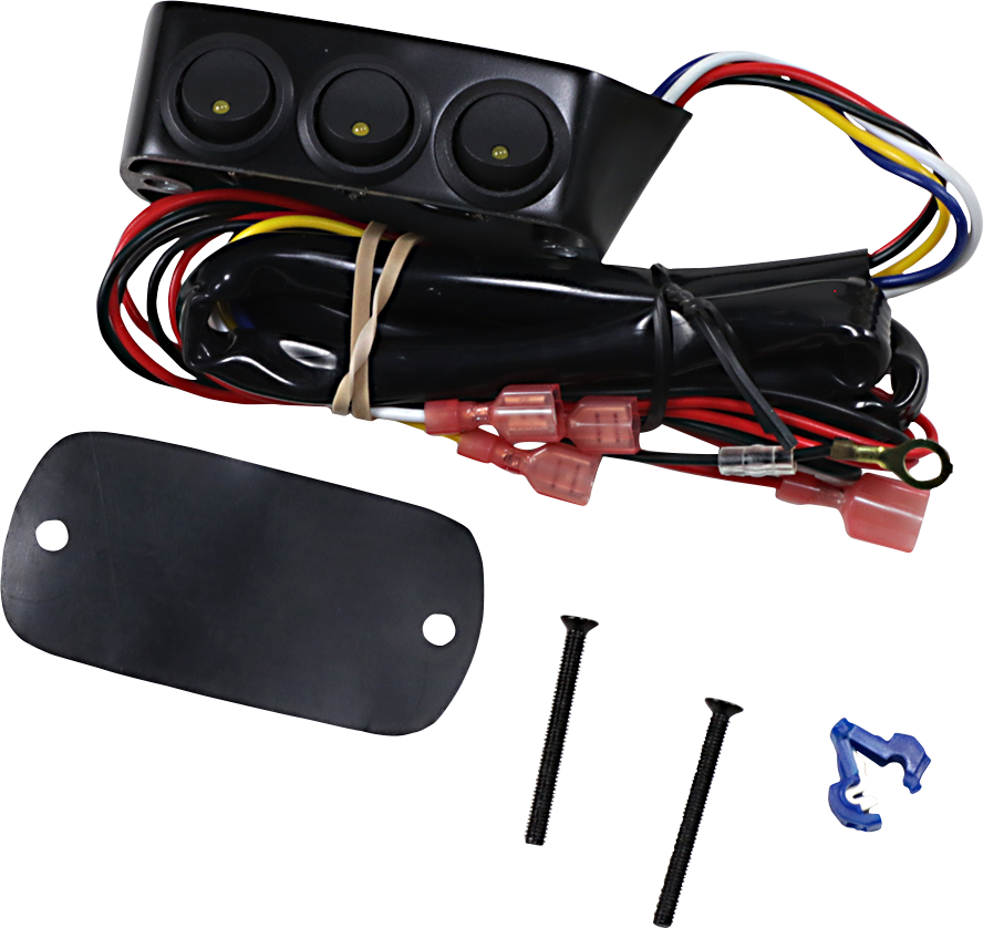 Black SHOW CHROME Switch Block Assembly for brake side on engine, compatible with Bill's Exhausts motorcycle models, image showing switch components.