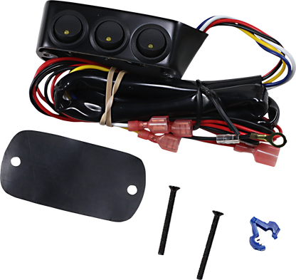 Black SHOW CHROME Switch Block Assembly for brake side on engine, compatible with Bill's Exhausts motorcycle models, image showing switch components.