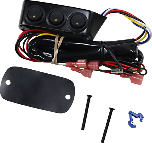 Black SHOW CHROME Switch Block Assembly for brake side on engine, compatible with Bill's Exhausts motorcycle models, image showing switch components.