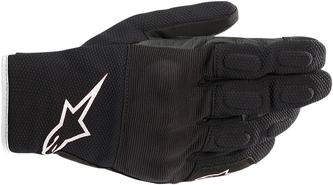 Alpinestars S-MAX Drystar® motorcycle gloves in black and white, size 3XL, featuring protective knuckles and textured palm.