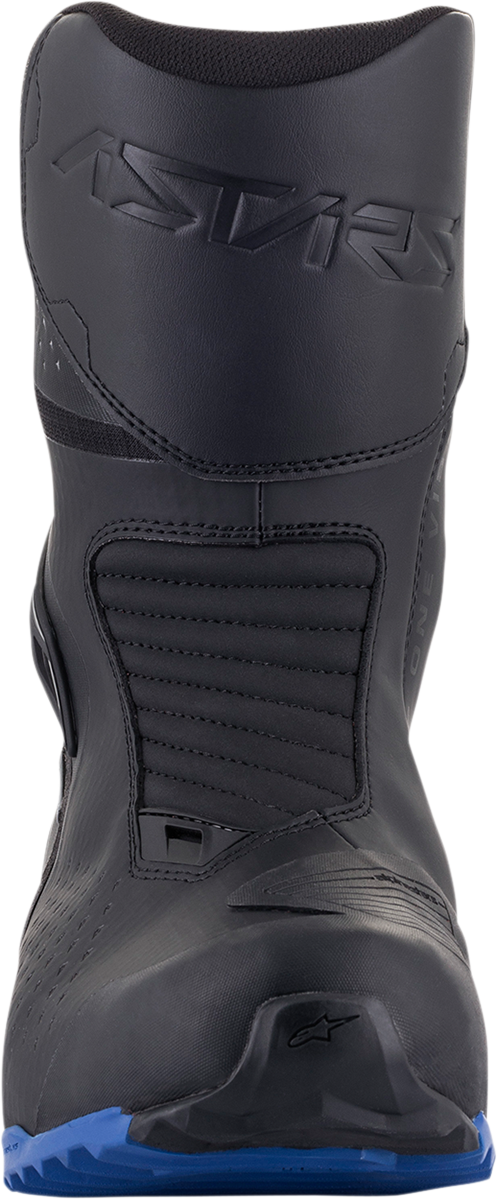 Alpinestars RT-8 Gore-Tex motorcycle boots in black and blue, US 12.5, EU 48, with sturdy design and protective features.