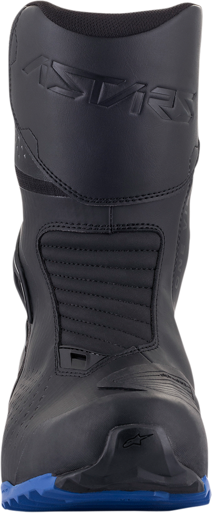 Alpinestars RT-8 Gore-Tex motorcycle boots in black and blue, US 12.5, EU 48, with sturdy design and protective features.