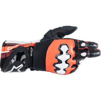 Alpinestars GP Pro R4 motorcycle gloves in black, fluo red, and white, size large, with protective knuckles and breathable material.
