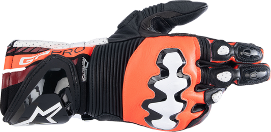 Alpinestars GP Pro R4 motorcycle gloves in black, fluo red, and white, size XL, with protective armor and adjustable wrist strap
