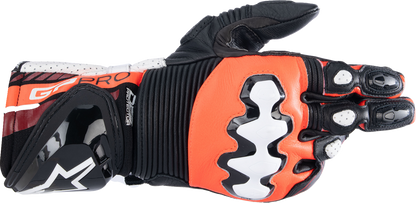 Alpinestars GP Pro R4 motorcycle gloves in black, fluo red, and white, size 2XL, with protective armor and reinforced palms.