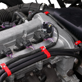 Bill's Exhausts SHOW CHROME Hose Clamp Set for Slingshot, red finish, durable metal construction with adjustable screw for secure fit.