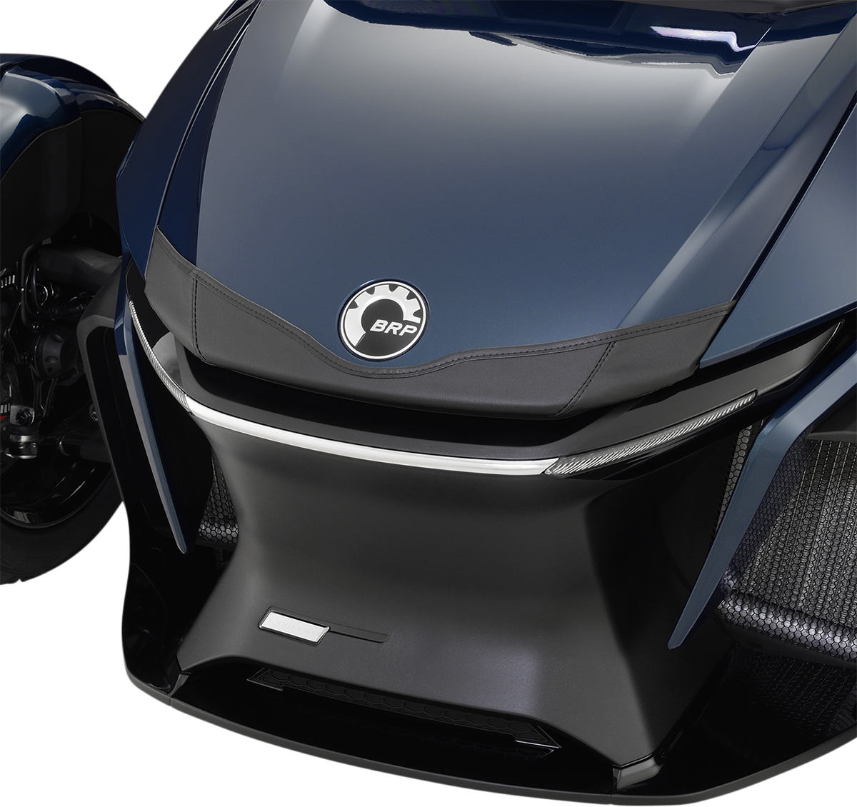 Black Show Chrome front trunk mini bra for Can-Am engine, designed to protect and enhance the vehicle's appearance.
