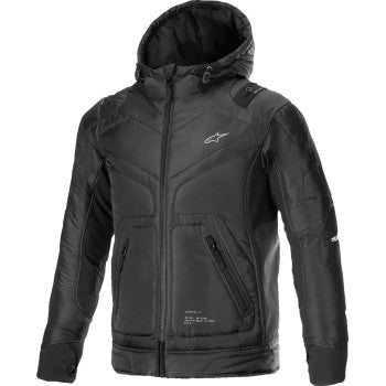 Black Alpinestars Mohobbs WP Jacket in medium size, shown with its waterproof features and sleek design.