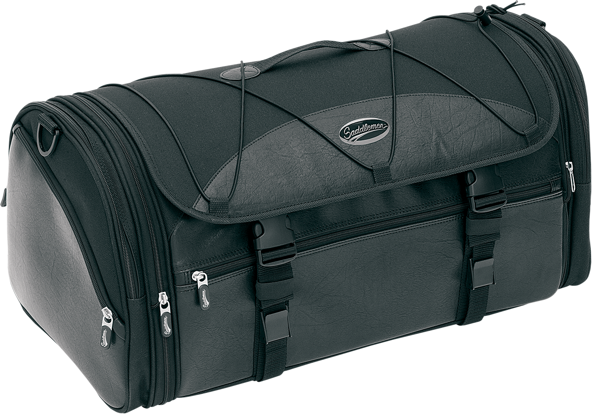Bill's Exhausts SADDLEMEN TR3300DE Deluxe Rack Bag seat with durable fabric and secure straps for motorcycle storage.