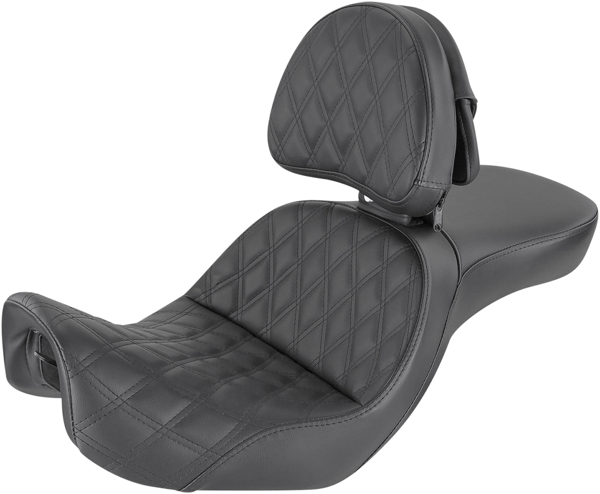 Black Saddlemens Explorer motorcycle seat with backrest and lattice stitching, designed for FXD models, by Bill's Exhausts.
