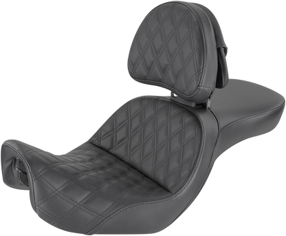 Black Saddlemens Explorer motorcycle seat with backrest and lattice stitching, designed for FXD models, by Bill's Exhausts.