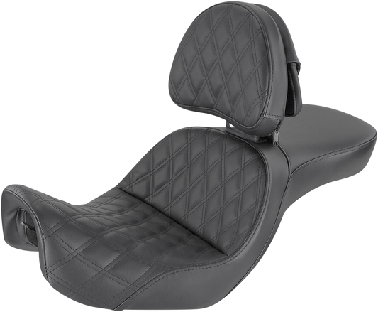 Black Saddlemens Explorer motorcycle seat with backrest and lattice stitching, designed for FXD models, by Bill's Exhausts.