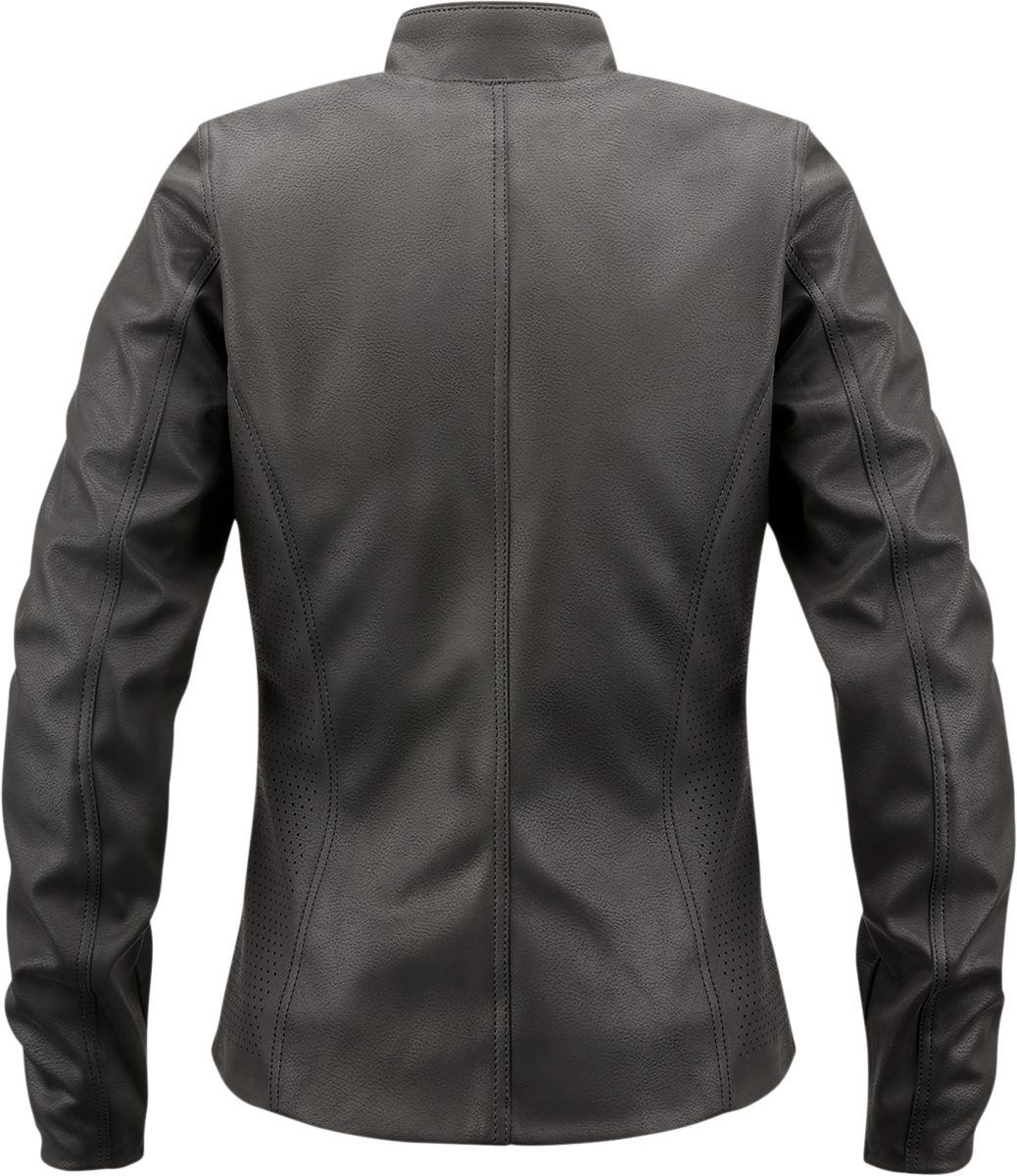 Black ICON Women's Tuscadero2™ Jacket from Bill's Exhausts, US Medium, displayed hanging with front view and zip details.
