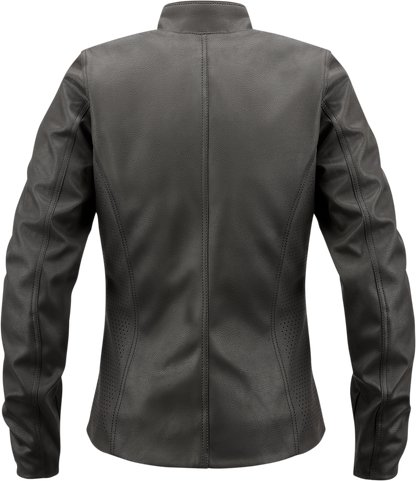 Black ICON Women's Tuscadero2™ Jacket from Bill's Exhausts, US Medium, displayed hanging with front view and zip details.