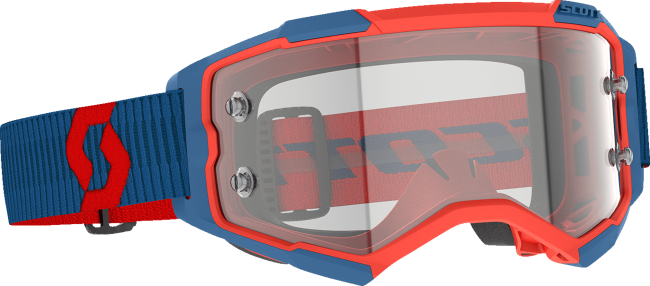 Scott Fury WFS Goggle in dark blue and neon red with clear lens, featuring adjustable strap and vented frame for motocross riding.