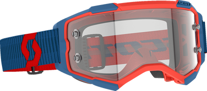 Scott Fury WFS Goggle in dark blue and neon red with clear lens, featuring adjustable strap and vented frame for motocross riding.