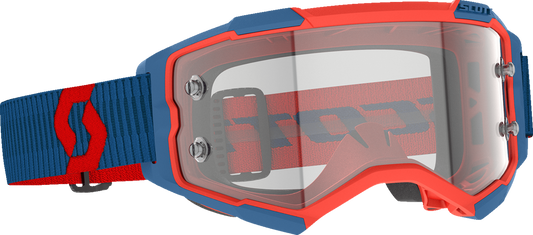 Scott Fury WFS Goggle in dark blue and neon red with clear lens, featuring adjustable strap and vented frame for motocross riding.
