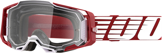 Bill's Exhausts 100% Armega goggles with oversized deep red frame and clear lenses, designed for outdoor sports and protection.