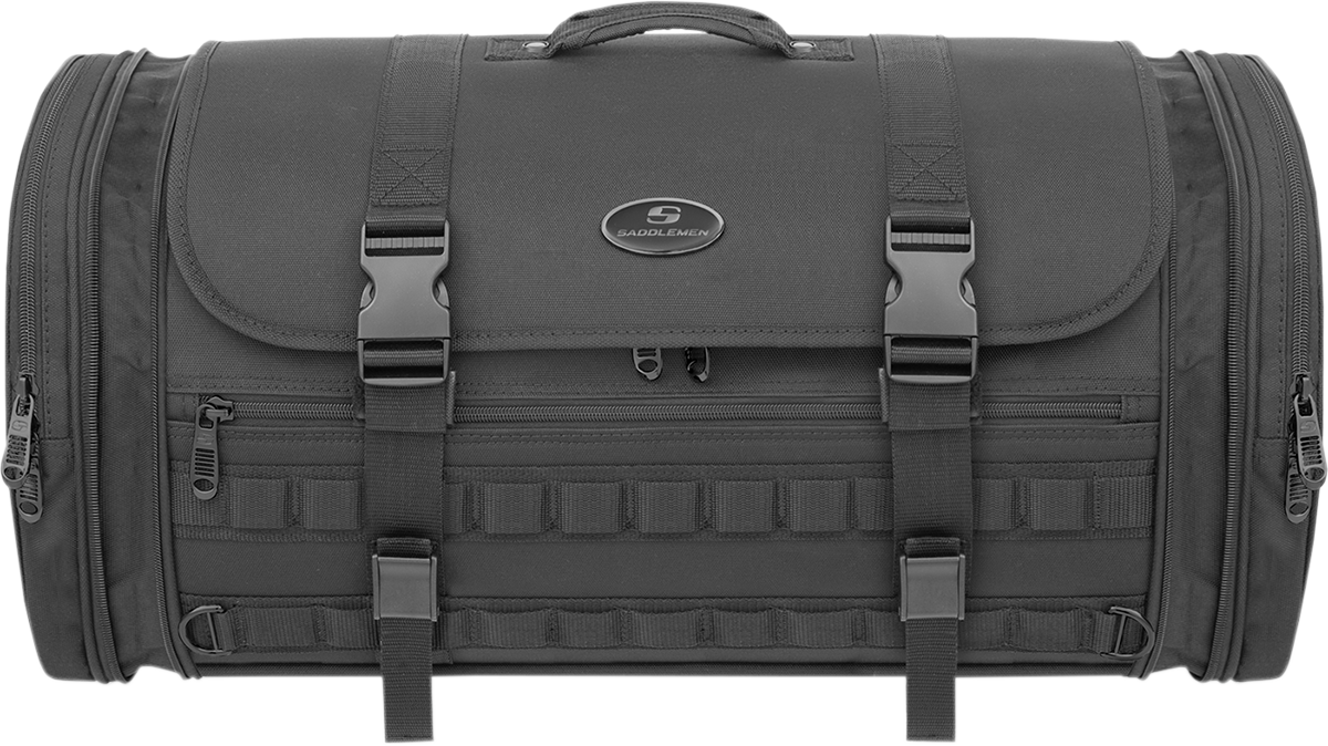 Taddlemens TR3300 Tactical Deluxe Rack Bag mounted on a motorcycle seat, showing durable black fabric and secure straps.