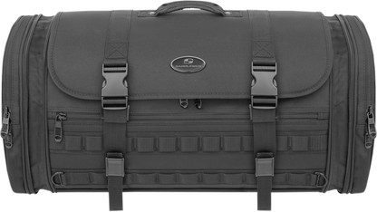 Taddlemens TR3300 Tactical Deluxe Rack Bag mounted on a motorcycle seat, showing durable black fabric and secure straps.