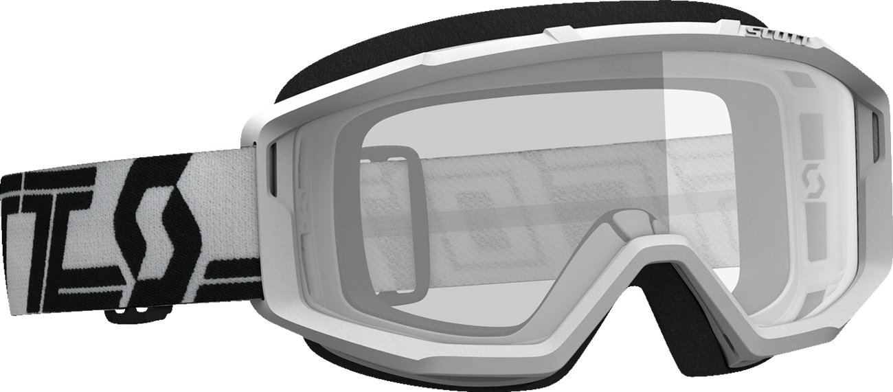 Scott Primal Goggles in white and black with clear lenses, designed for motorcycle or sports use, by Bill's Exhausts.