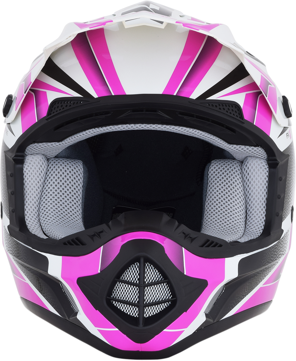 Bill's Exhausts AFX FX-17 Force helmet in pearl white and fuchsia, medium size, shown with sleek aerodynamic design.